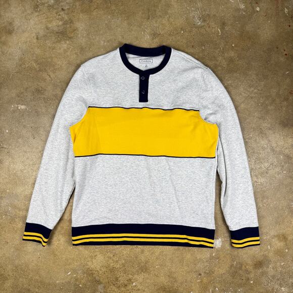 Club Room Henley Sweatshirt Men’s Medium Gray Navy Yellow Striped Trim Retro - Picture 1 of 11